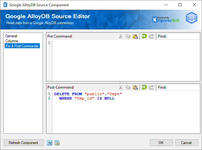 Google AlloyDB Source Component - Pre and Post Commands.png